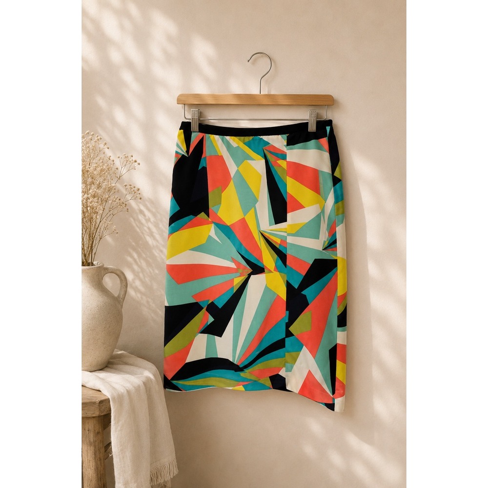 Abstract Geometric‎ Print Pencil Skirt Colorblock Neon Midi Art Pop Size 8